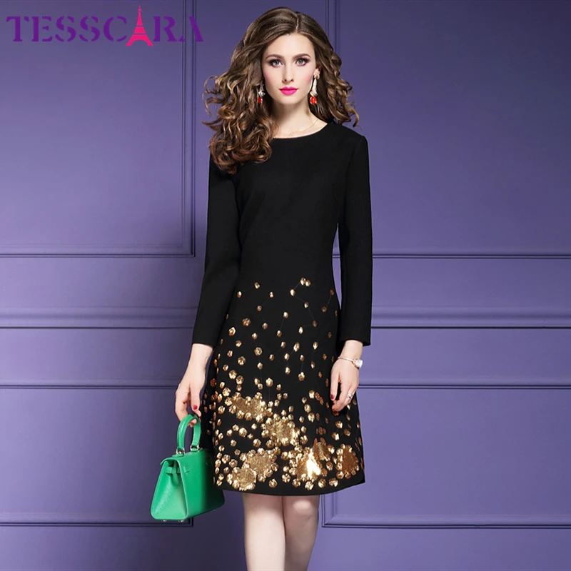 Женское осенне-зимнее роскошное офисное платье TESSCARA с блестками женское