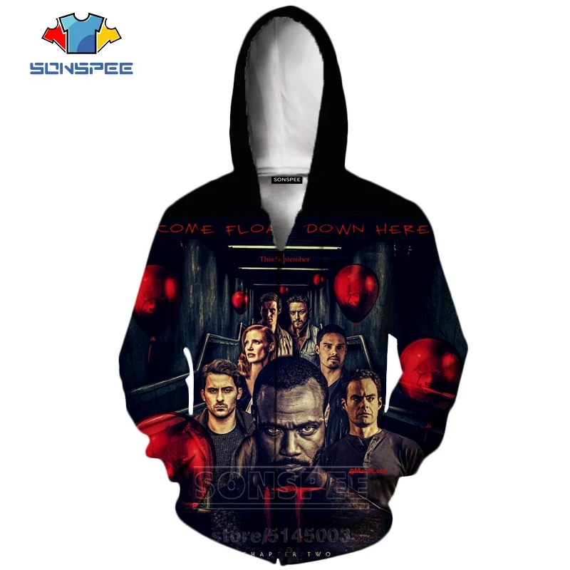 It Chapter две молнии толстовки новые для мужчин женщин Pennywise клоун Толстовка 3D принт фильм ужасов унисекс с длинным рукавом Топ пальто C063-2