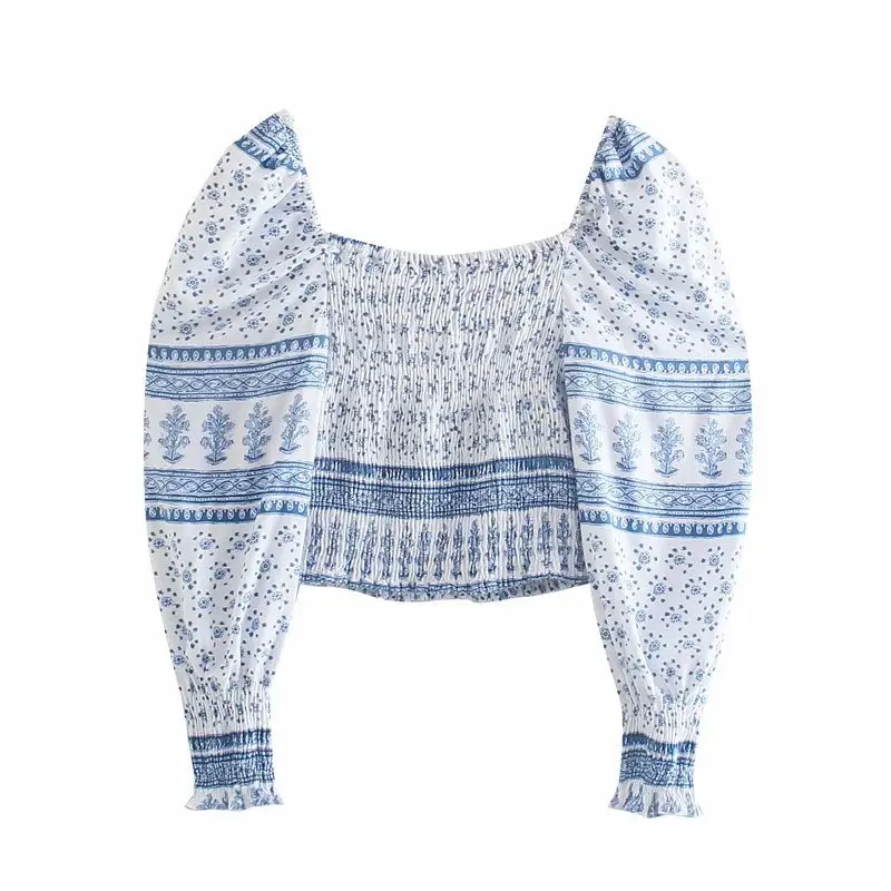 

2021 ZA new summer fashion sweet V-neck pleated printed short-sleeved shirt T-shirt for women 3127587 3127/587