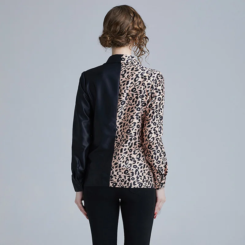Женские блузки 2019 Модные леопардовые Лоскутные Длинные рукава отложной воротник