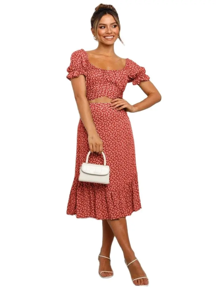 

Digital Printed Skirt Suit Two-Piece Summer Women's Round Neck Short-Sleeved Tie Fashion Trendy Elegant Skirt Suit 2021 New