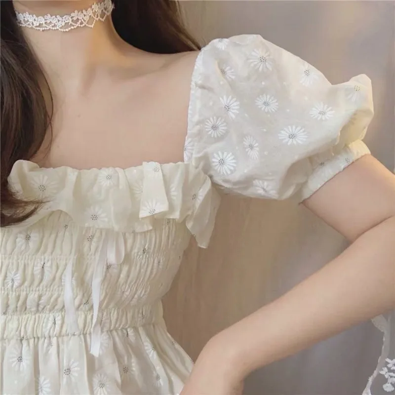 

Dresses Women New Floral Ruffles Square Collar Puff Sleeves Prairie Sweet High Waist Fairy Summer Casual Mini A-line Dress