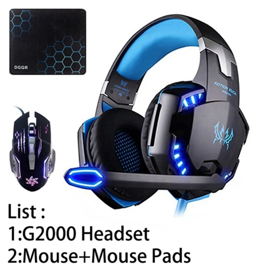BLUE G2000 Mouse KOTION каждый шлем светодиодный свет Игровые наушники с микрофоном для компьютера стерео гарнитура ПК и игровая мышь мыши колодки - Цвет: BLUE G2000 Mouse