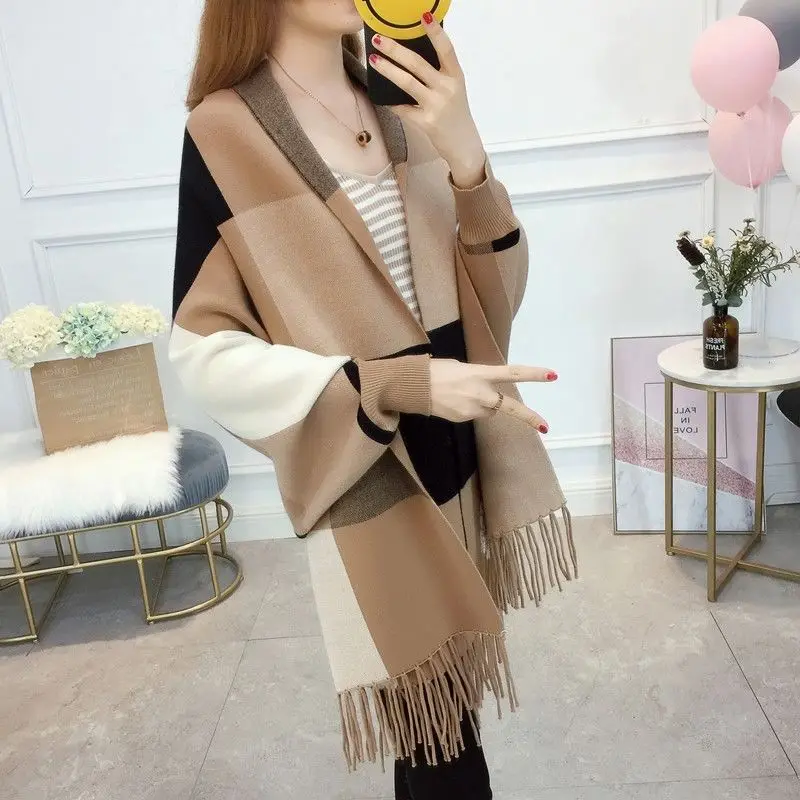 

Cape Female Qiu Dong Joker With Sleeves Cloak 2021 New Thickening Knitting Scarf Tassel Cape Coat