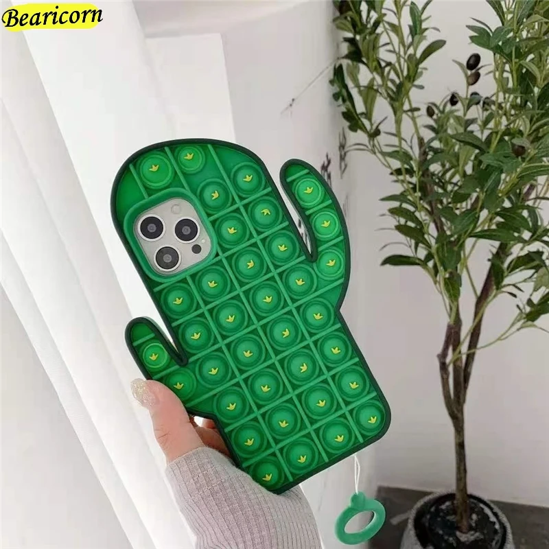 

Pop Fidget Toys Push Bubble Silicone Beans Case For iPhone 6 6s 7 8 Plus X XR XS 11 12 Pro Max SE Cartoon Cactus Soft Cover