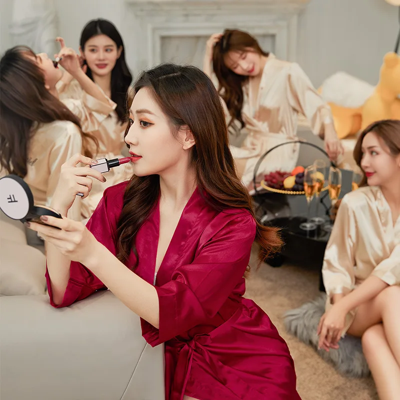 

Wedding Bride Bridesmaid Robes Summer Homewear Women Pajama Nightgown Short Sleepwear Silk Kimono Custom Bathrobe Female