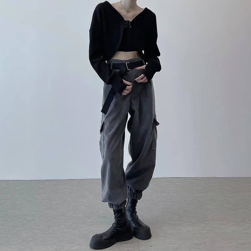 

Neutral Wind Leisure Suit Harem Pants Harajuku Leisure Belt Pocket Fashion Gray Punk High Waist Trousers Street Women's Pants