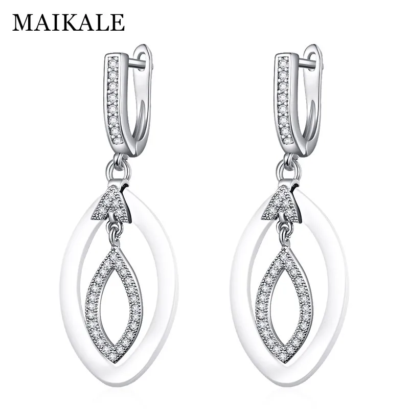 MAIKALE, новинка, модные серьги-капли, медь, AAA, кубический цирконий, черный, белый цвет, керамическая подушка, золото, серебро, цвет, серьги для женщин - Окраска металла: silver white