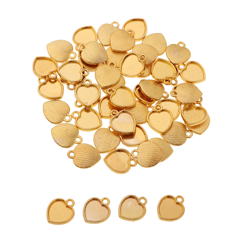 

50 Pieces Golden Color Heart Style Blank Cameo Cabochons Bezel Bases PendantsCharms Settings Blank Trays