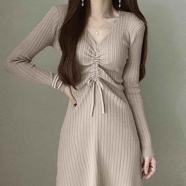 

Fit Femme Vestidos Autumn Solid Color Women Dresses V-neck Pleated Drawstring Slim Waist Knitted Dress 2020 Elegant Slim