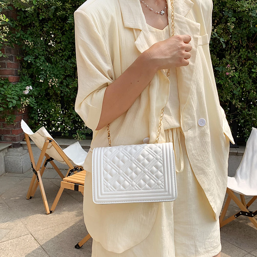

Women Lattice Pattern Shoulder Bag Pure Color Chain PU Flap Crossbody Bags Female All-match Crossbody Shoulder Messenger Bag