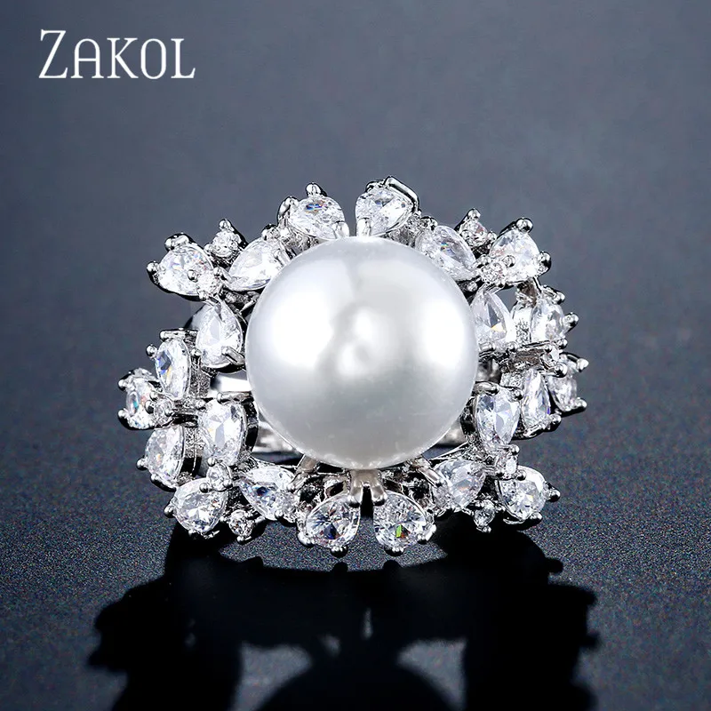 ZAKOL Европейский стиль белые большие жемчужные Открытые Кольца ослепительные