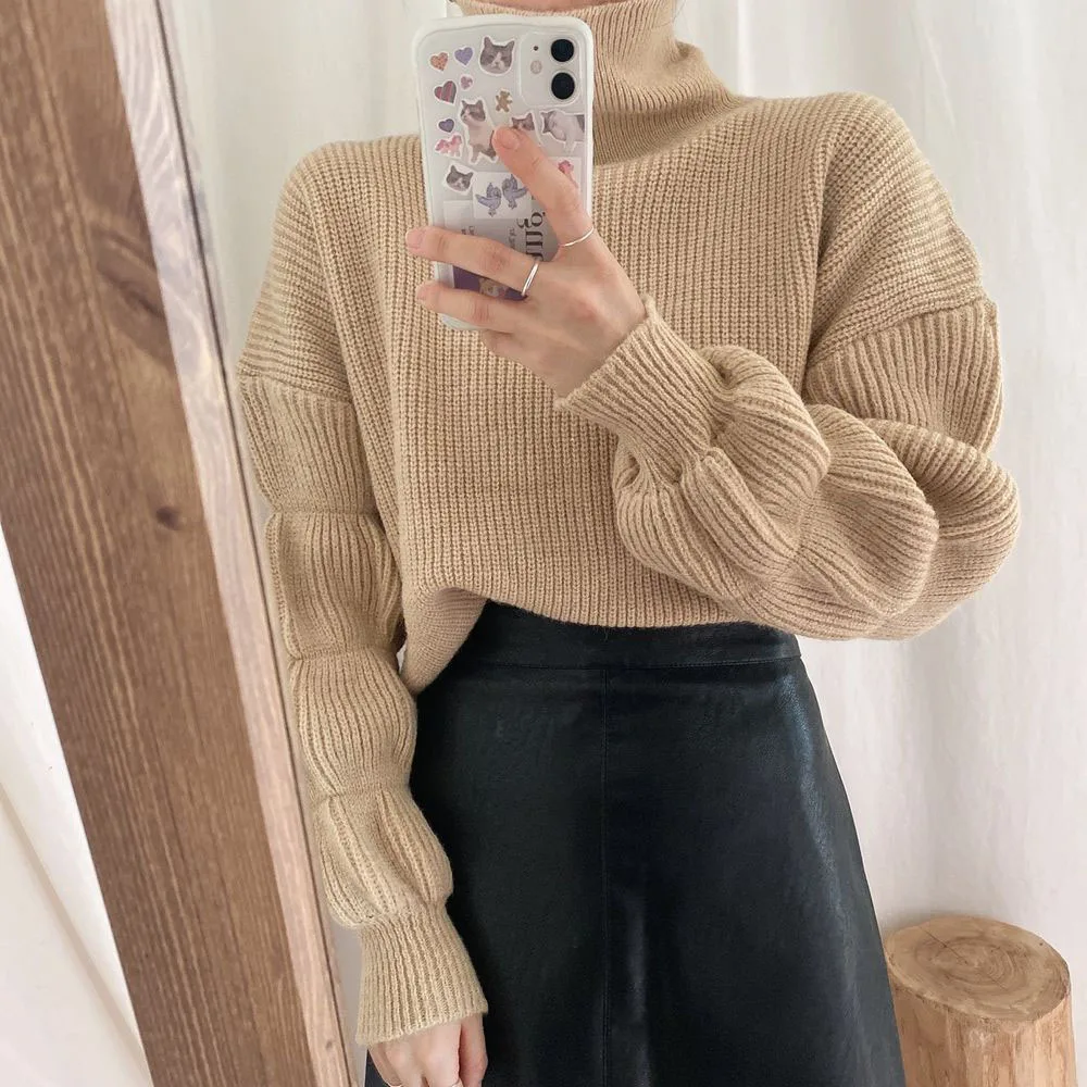 

Sweater Women Solid Soft Knitted Sweater Turtleneck Sweet Sweater 2021 Autumn Winter Pullover Loose Puff Long Sleeve Sweaters