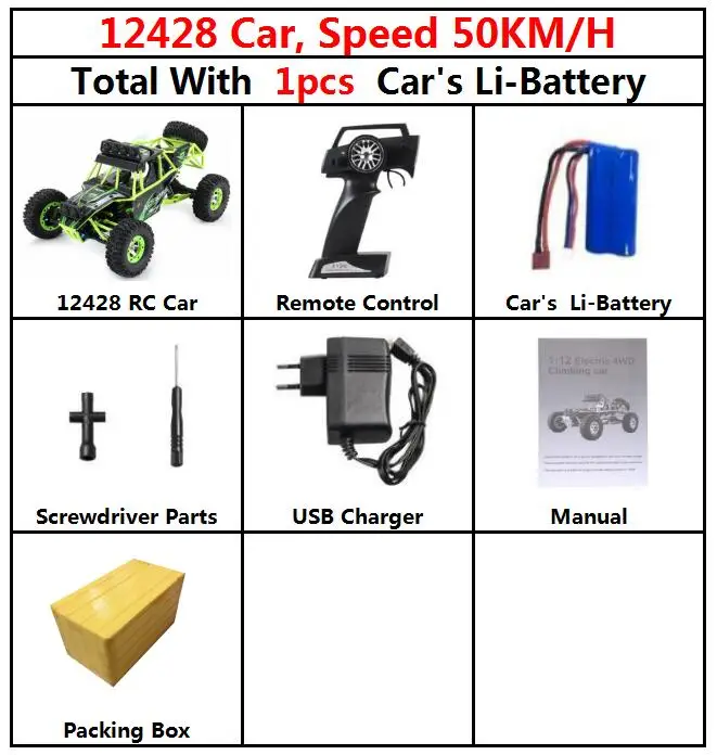50kmH 12428 Car 1bty Новейший супер автомобиль, Модернизированный WLtoys 12428, скалолазание, 1:12, большой размер, Rc, высокая скорость вождения автомобиля, 4CH гоночный автомобиль, игрушки, грузовик, подарок - Цвет: 50kmH 12428 Car 1bty