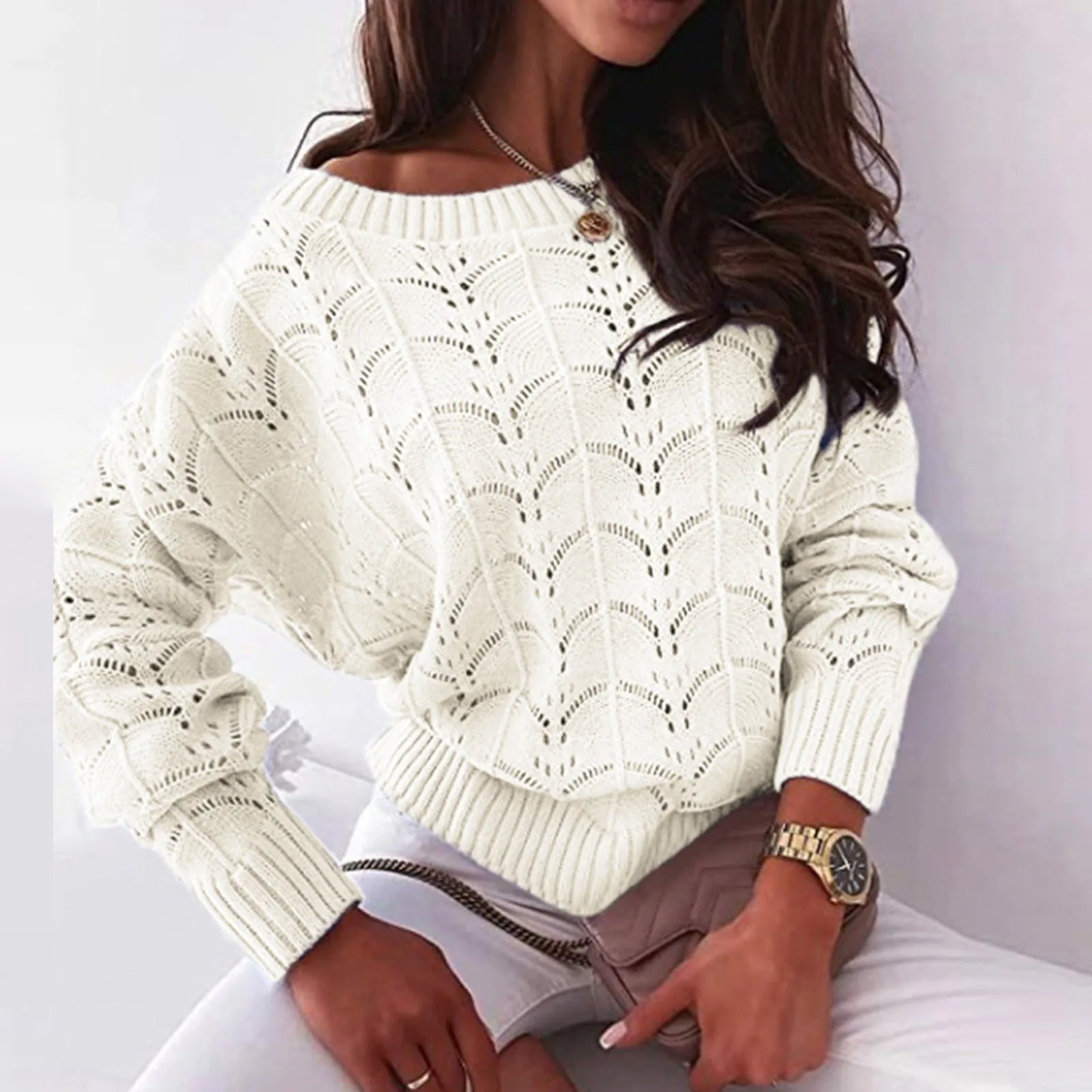 

Ladies Sweater Thin Beach Cover Bat Sleeve Off Shoulder Long Sleeve Knitted Sweater Fashion Oversized Pullovers Jumper Tops