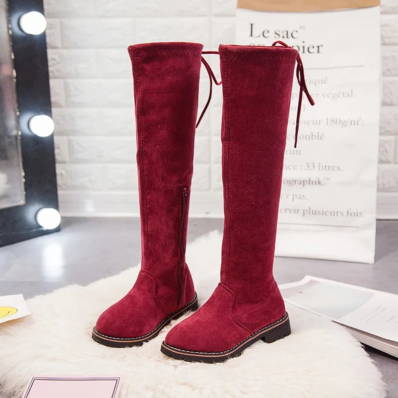 Новинка 2018 осенне-зимние сапоги для девочек однотонные до колена с бантом