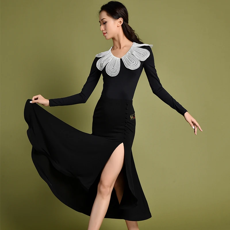 

Женское платье для латиноамериканских танцев, черное боди с длинным рукавом, юбка с разрезом, женский костюм для танго, ча-румбы, самбы, саль...