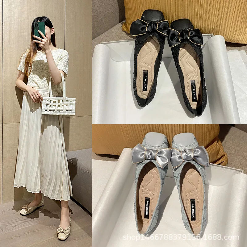 

Bow Women Flats Shoes Woman Shallow Single Shoes Slip On Loafers Ballerina Shoe Casual Square Toe Large Size Flat Zapatos Mujer