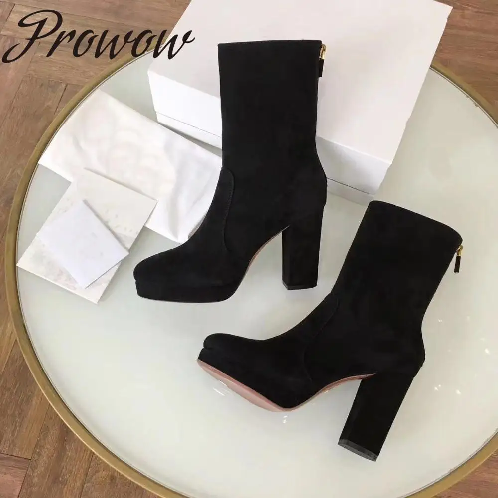 

Prowow New Genuine Leather Suede Leather Sexy Platform Chunky Heel High Heel Boots Luxury Brand Boots Women