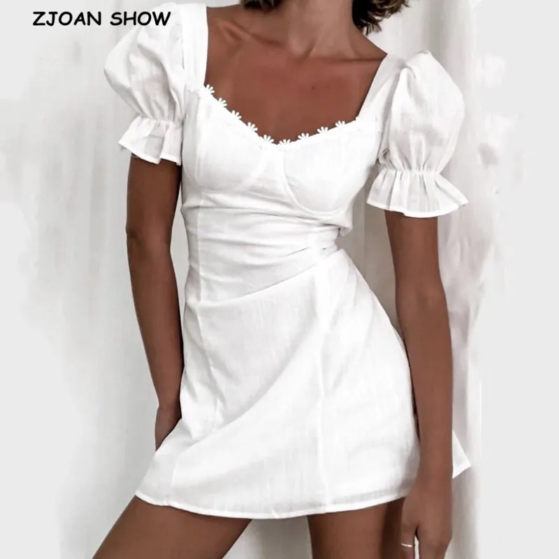 

Женское кружевное мини-платье, белое короткое платье в ретро-стиле с квадратным вырезом и коротким рукавом, для отдыха, 2020