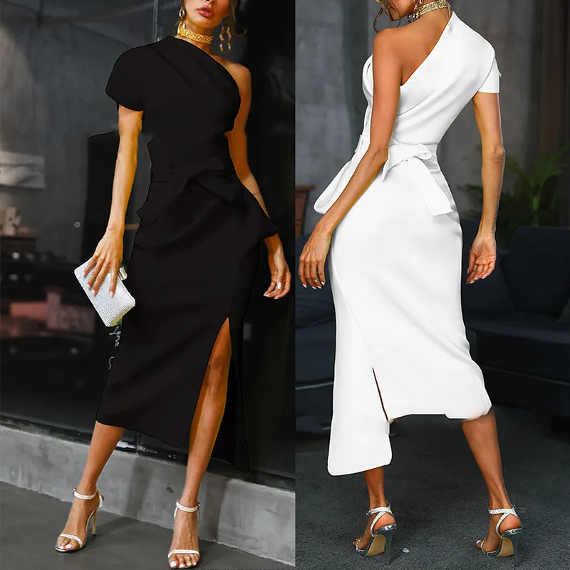 

Sexy One Shoulder Ruffle Midi Party Dress Women 2018 Autumn Solid Bodycon Dress Summer Dress Evening Party Dress Vestidos