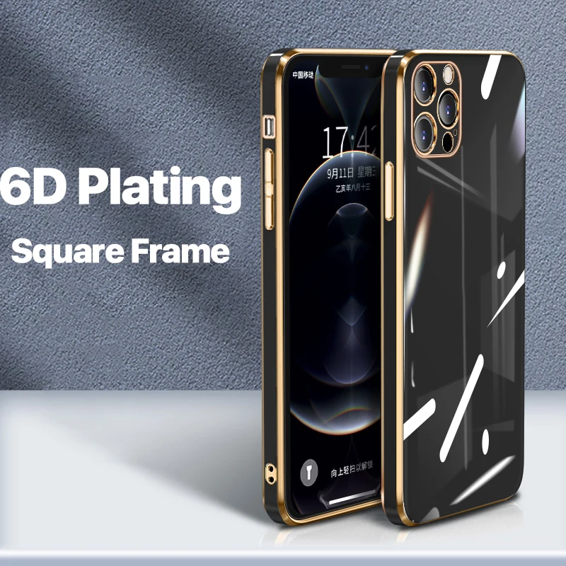 Luxury 6D Plating Soft Silicone Square Frame Case for iPhone 11 12 13 Pro Max Mini XR X XS 7 8 Plus SE 2020 Shockproof TPU Cover