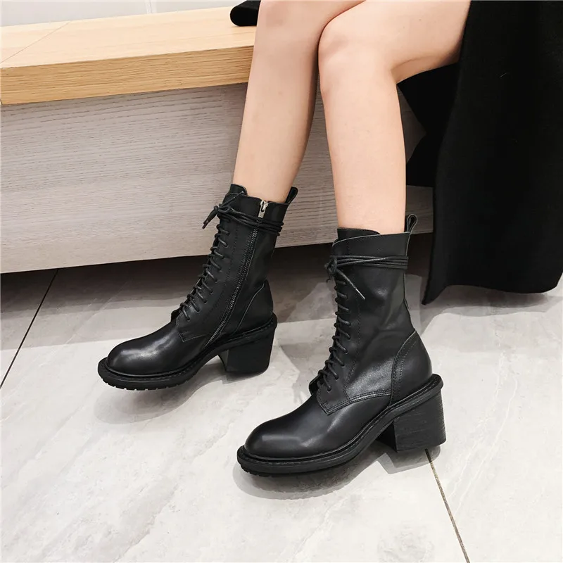 Online ASUMER 2021 Sepatu Bot Kulit Asli Baru Sepatu Bot Pergelangan Kaki Berenda Ujung Bulat Sepatu Bot Sepeda Motor Musim Gugur Musim Dingin Wanita Hak Tinggi Persegi