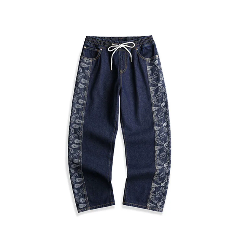 

Bandana Jeans Men Jacquard Paisley Straight Pants Oversize Denim Hiphop Wide Leg Trousers Branded 2021 Spring Plus Big Size 5XL