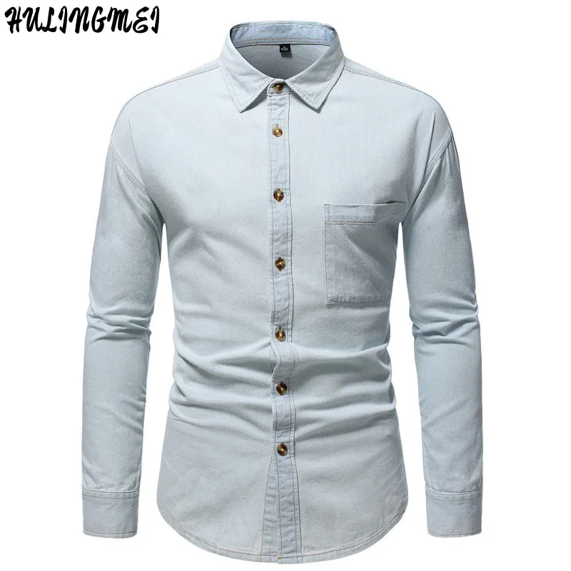 Spring and Autumn Men's Simple Basic Washed Shirt Cotton Casual Denim Long-sleeved Shirt Business Casual Social Dress Shirts