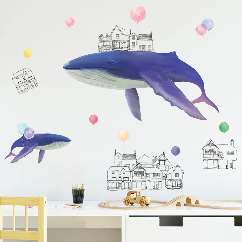 

Literary Purple Whale House Wall Stickers Self-adhesive Bedroom Porch Wall Beautification Decorative Room Decoration MuralDecals