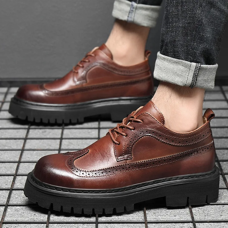 

New Men's Leather Formal Shoes Genuine Leather Thick Sole Increased British Style Brogue Shoes for Men Oxfords Business Shoes