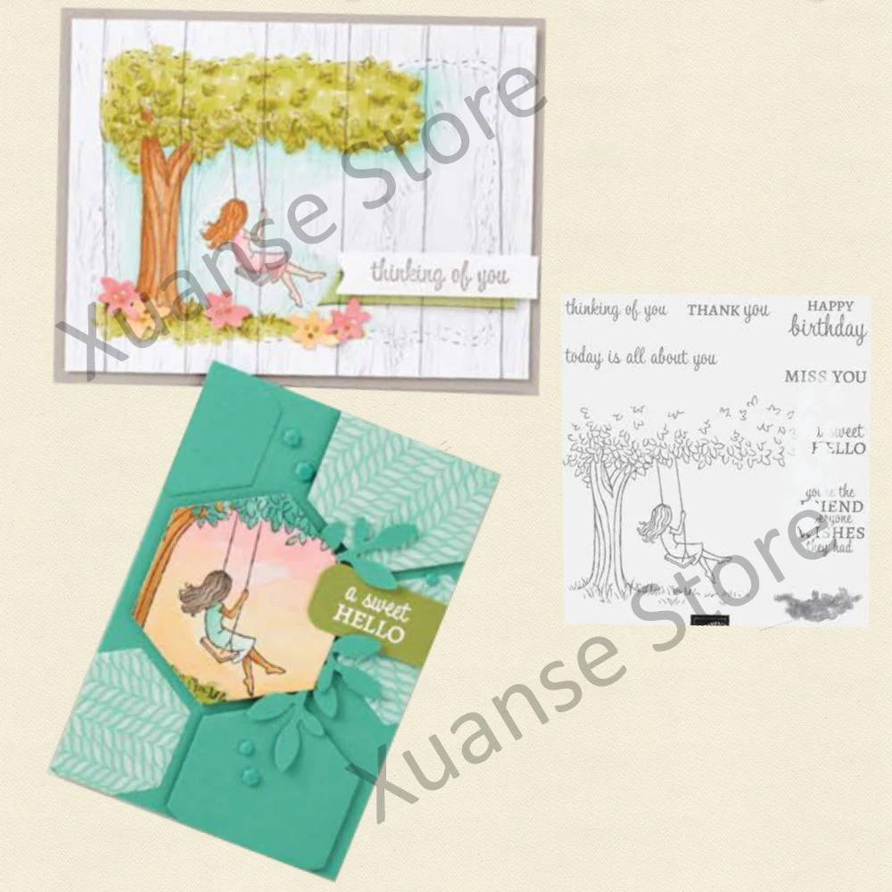 

Girl Swing Under Tree Metal Cutting Dies Clear Stamp Casual Weekend DIY Scrapbook Cards Template Stencil Decor Dies Stamps
