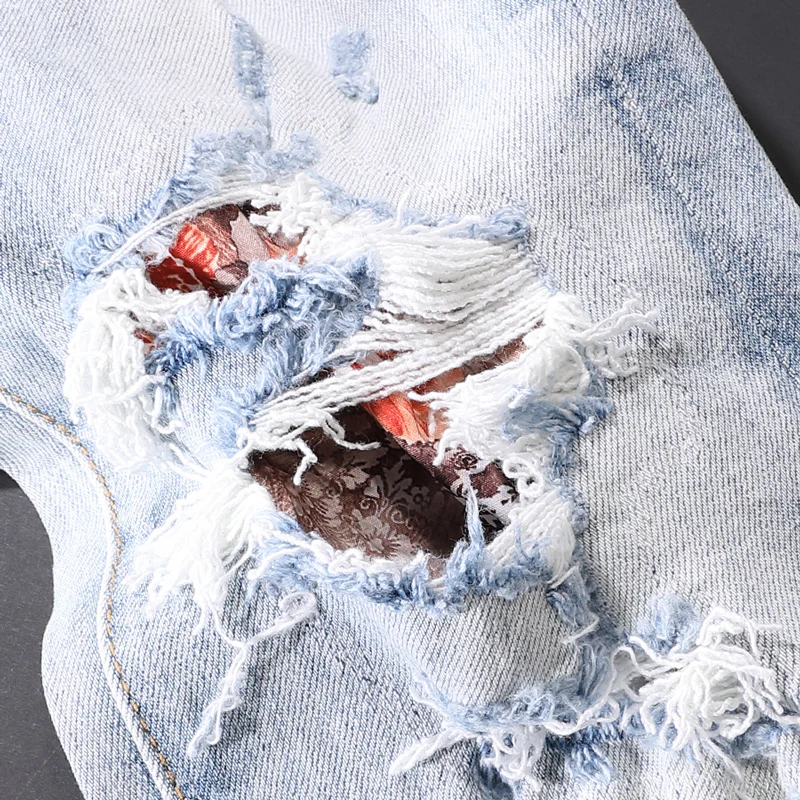 American Street Fashion Men Jeans Retro Light Blue Elastic Slim Fit Ripped Jeans Men Patches Designer Hip Hop Denim Punk Pants
