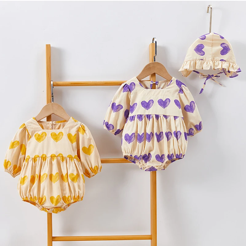 

Детский комбинезон с сердечком, весенне-осенний комбинезон с длинным рукавом для маленьких девочек, шляпа для маленьких девочек