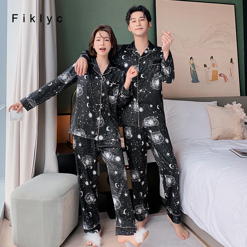

Пижамный комплект Fiklyc с длинным рукавом, атласный комплект для влюбленных, с принтом звездной звезды, с брюками, размеры XXXL, на осень/весну/л...