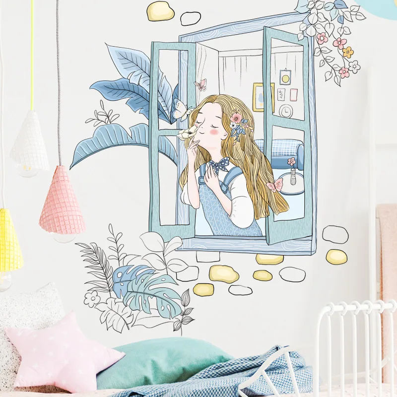 

Girls dormitory decoration stickers banana leaf plant background window spider orchid sofa bedroom wall sticker home decor
