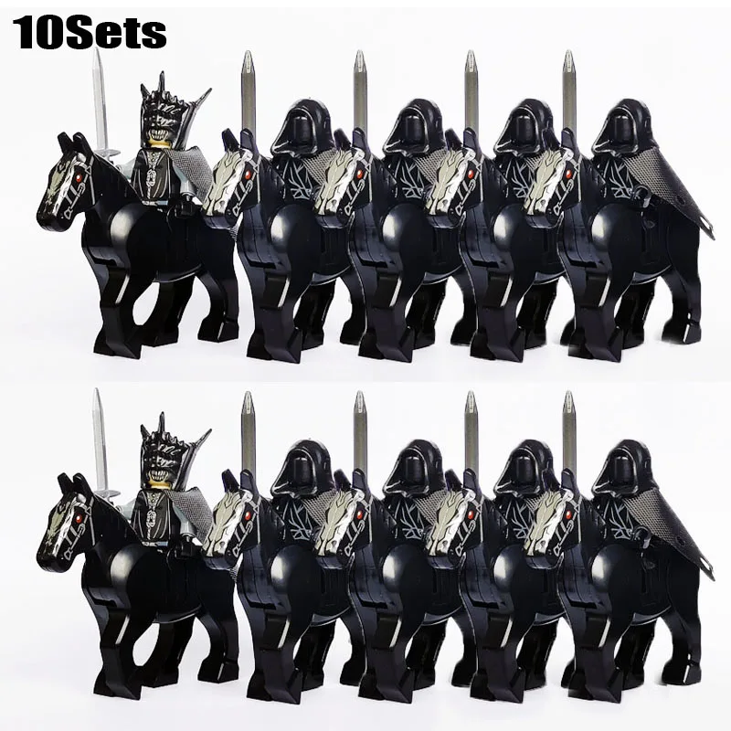 Juego de 10 figuras medievales de los Caballeros oscuros Sauron Battle Five ARMs con Sword ABCD con bloques de caballo, juguete para niños, figuras de grupo de caballeros medievales
