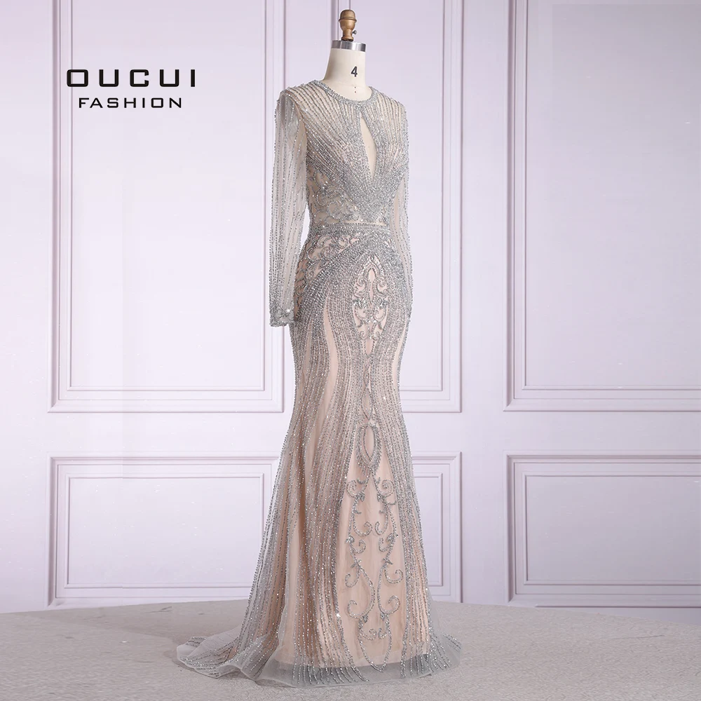 Oucui Элегантное длинное вечернее платье с бисером роскошное для выпускного вечера
