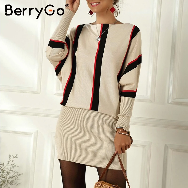 BerryGo уличная одежда Полосатое трикотажное платье Элегантная с длинным рукавом в