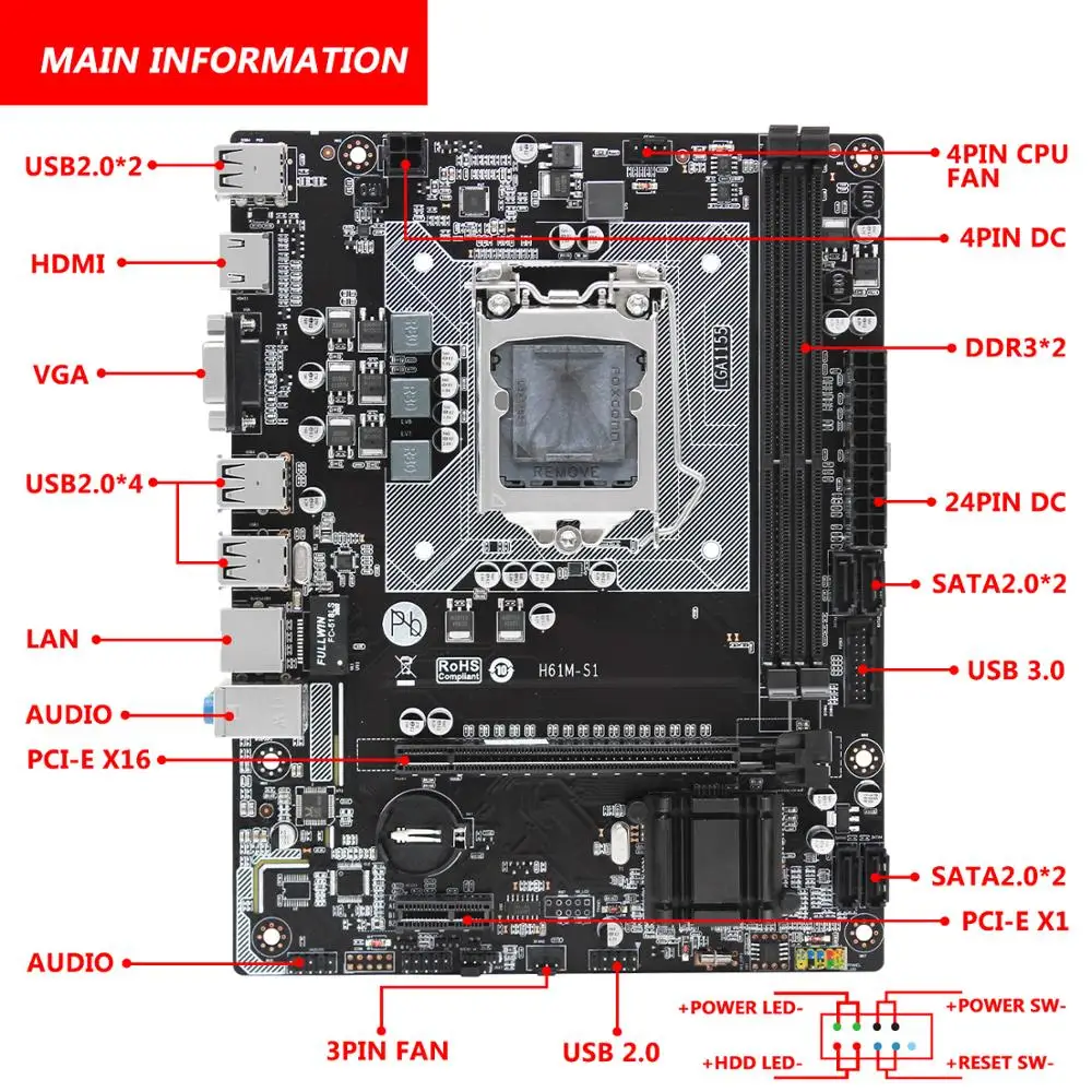 LGA 1155 H61 материнская плата двухканальная DDR3 ПАМЯТЬ микро atx интегрированная