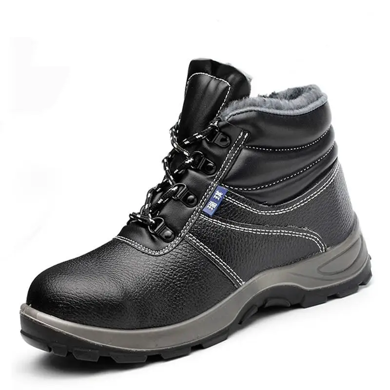 

big size mens casual warm fur winter safety boots genuine leather work shoes steel toe covers ankle boot black botas seguridad