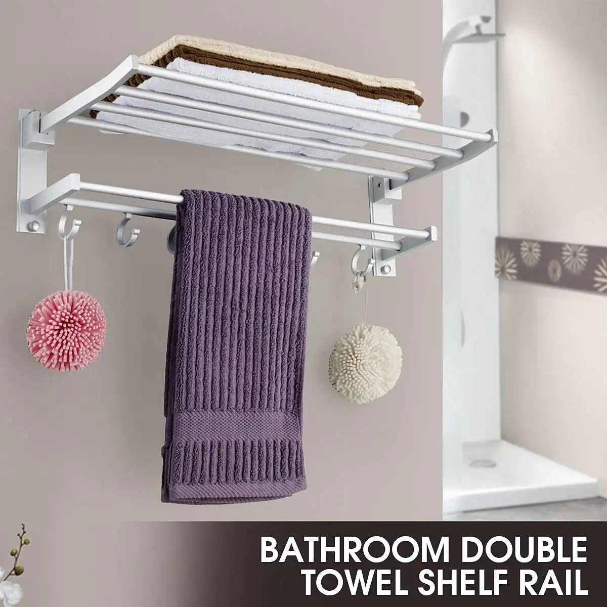 

2 Layer Alumimum Foldable Bathroom Towel Rack Holder Wall Mounted Storage Hanger Kitchen Hotel Towel Clothes Shelf With 5 Hooks