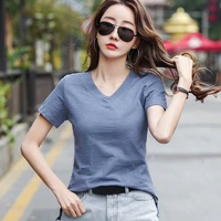 asymmetric split hem cotton t shirt women new 2022 summer tops v neck loose short sleeve tee shirt femme korean fashion clothes