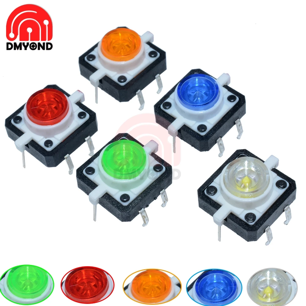 

5PCS 12X12X7.3 Tactile Pushbutton Switch Momentary Tact LED 5 Color DC12V, 50MA White Blue Green Yellow colors