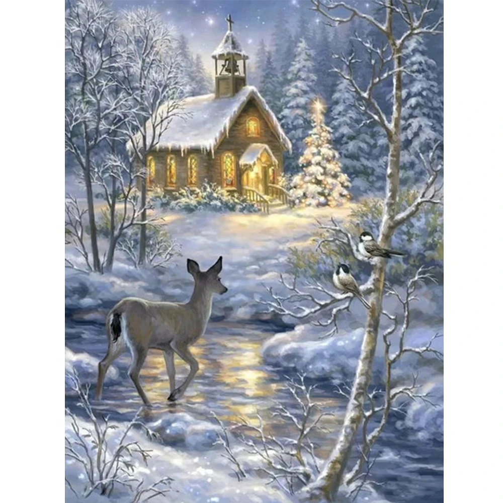 

AMPHIBOLE Diy Diamond Painting Winter Snow Landscape Cross Stitch Full Diamond Embroidery Nature and Animal Fawn Mosaic Picture