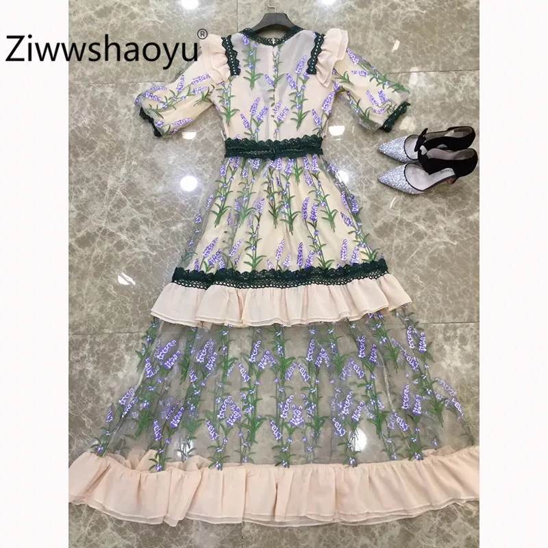 Ziwwshaoyu Подиумные дизайнерские богемные длинные платья женские пышные рукава Великолепная Цветочная вышивка сексуальные v-образным вырезом сетки Макси платья