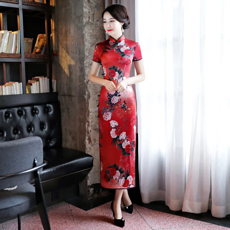 

Traditional Chinese Red Classic Women Qipao Vintage Mandarin Collar Cheongsam Sexy Slim Long Vestidos Novelty Print Flower Dress