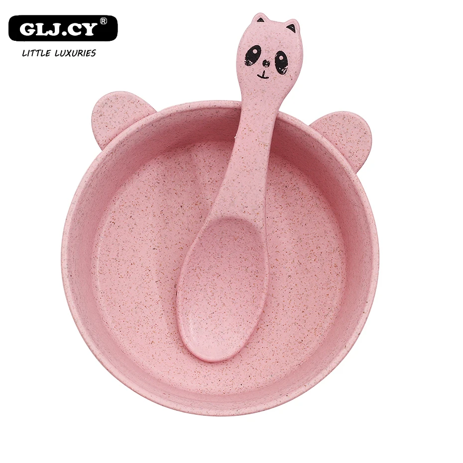 pink set Бутылочка для кормления с Еда посуда панда пшеницы детская посуда eco-friendly Детские тренировочные столовые приборы для тарелочной чаши(Доктор Джим), 2 ложки шт./компл - Color: pink set