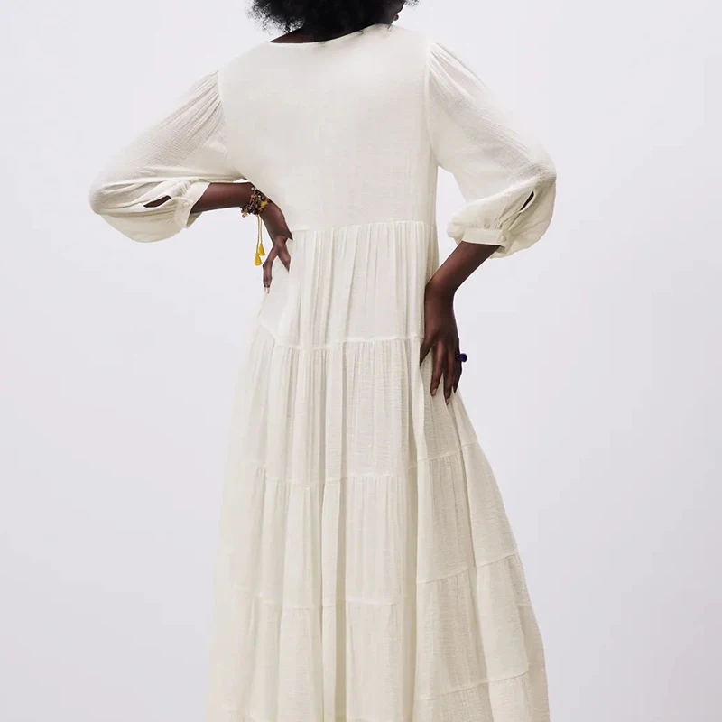 Za femmes d'été robes Oversize robe Midi bouton col V manches longues lâche femelle taille haute robes Patchwork décontracté 2021