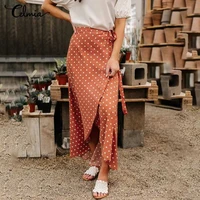 women polka dot bohemian wrap long skirt 2021 celmia fashion high waist asymmetrical bandage casual slit maxi skirts